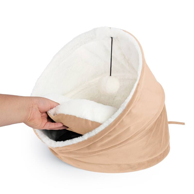 Cozy Cat House Velvet With Sherpa + Dangling Ball - 16"16"