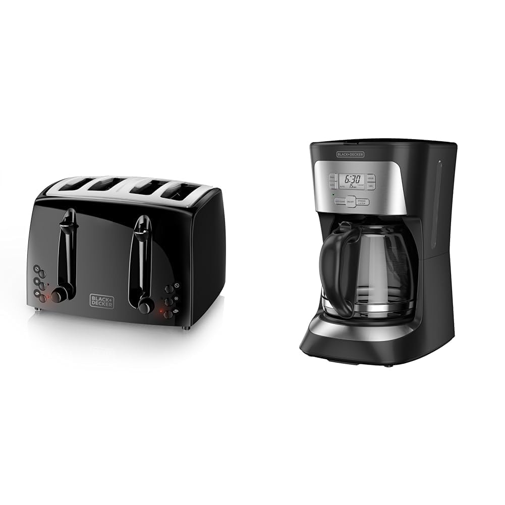 4-Slice Toaster, Extra-Wide, Black, TR1410BD,10.91x11.54x7.71 & 12-Cup Programmable Coffee Maker, Black
