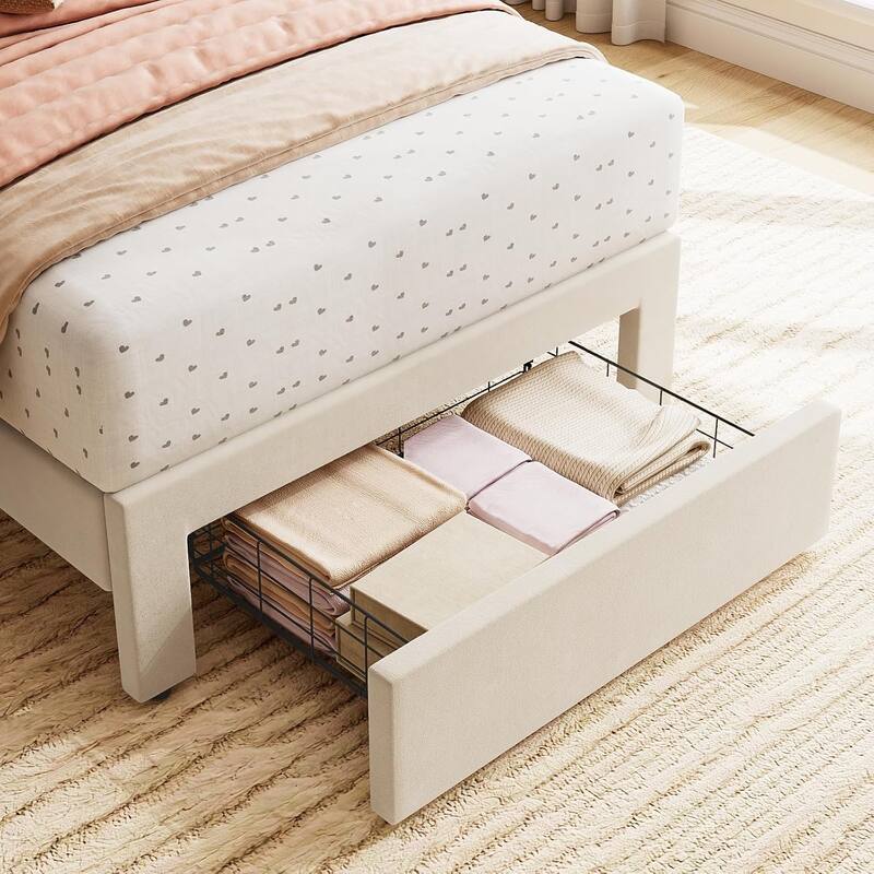 Twin Velvet Upholstered Platform Bed Frame with Wave Headboard & Drawer, No Box Spring Needed, Wood Slats, Noiseless