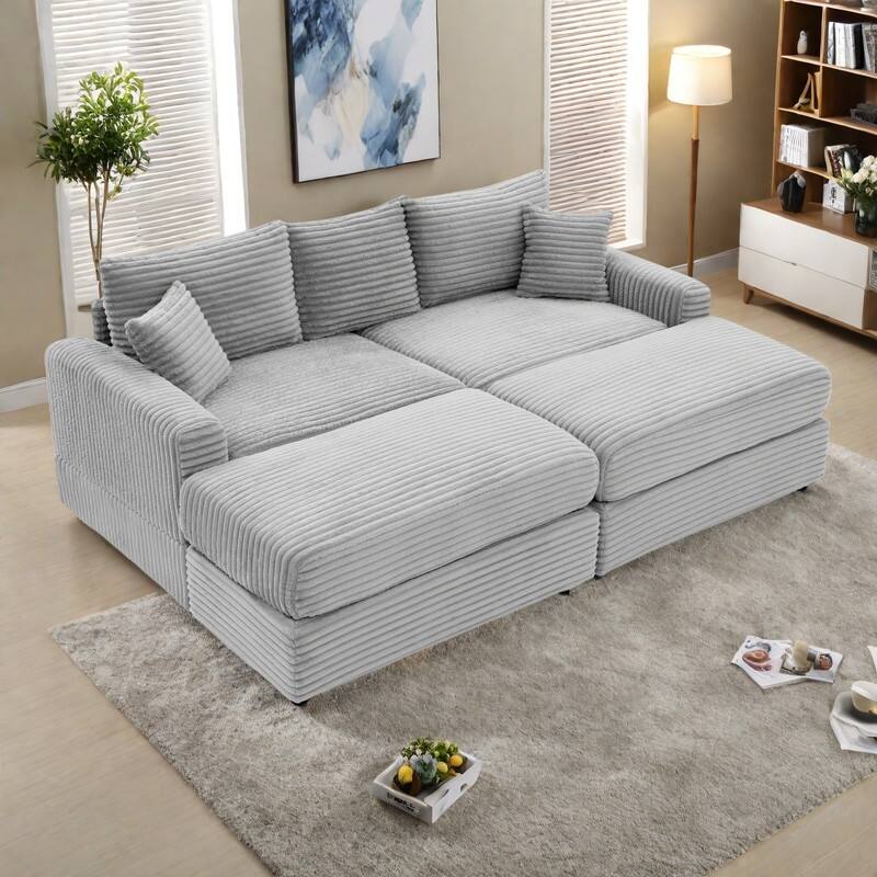 82" Corduroy 2-Piece Sectional Sofa with Stretch Slipcovers and 2 Pillows - Grey