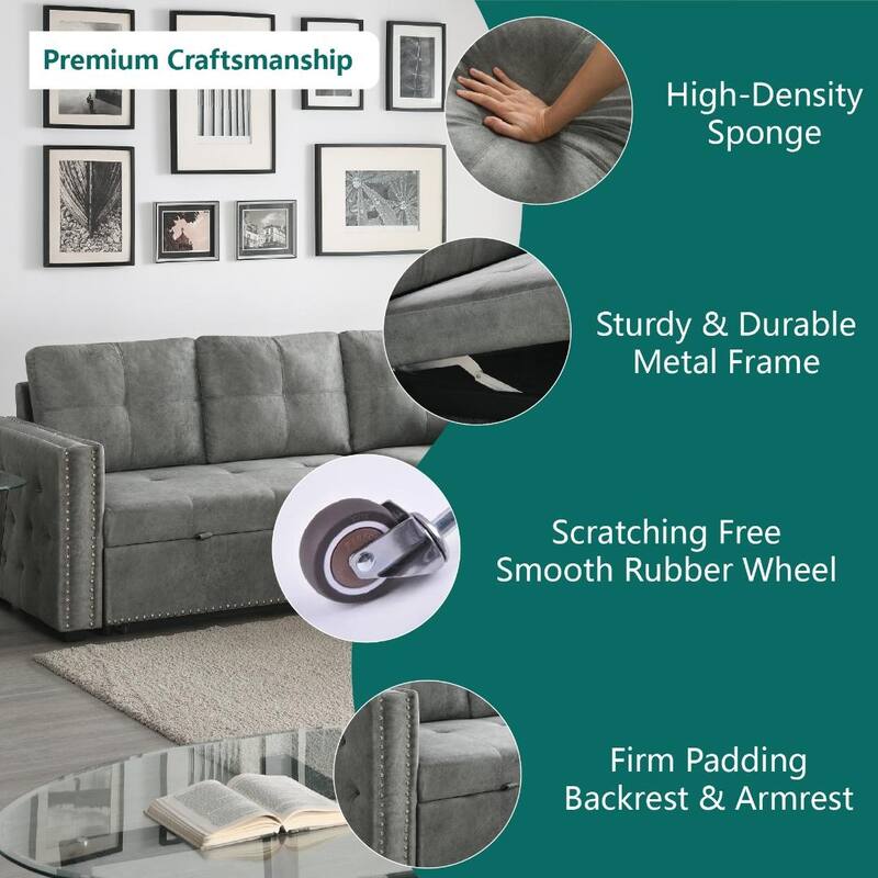 Morden Fort Reversible L-Shaped Sofa Bed with Storage - Velvet Upholstery, Button Tufting, and Nailhead Trim
