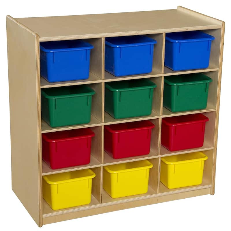 Wood Designs 12 Cubby Storage Cabinet with Assorted Color Bins, Montessori Kids Toy Storage Organizer for Kindergarten - 30"