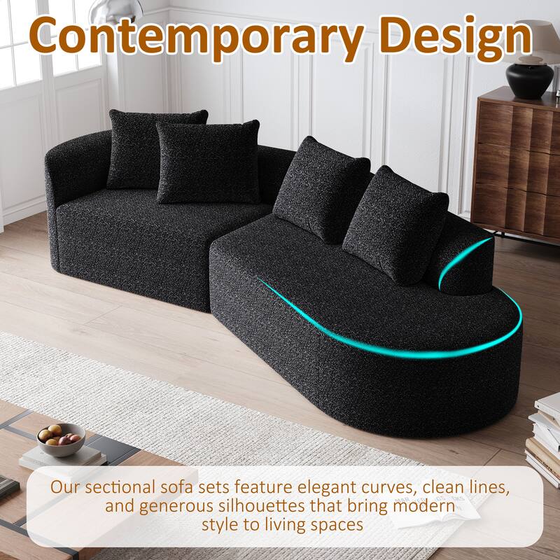 112" Chenille Curved Sectional Sofa with 4 Throw Pillows, Extra Deep Seating and No Assembly Required