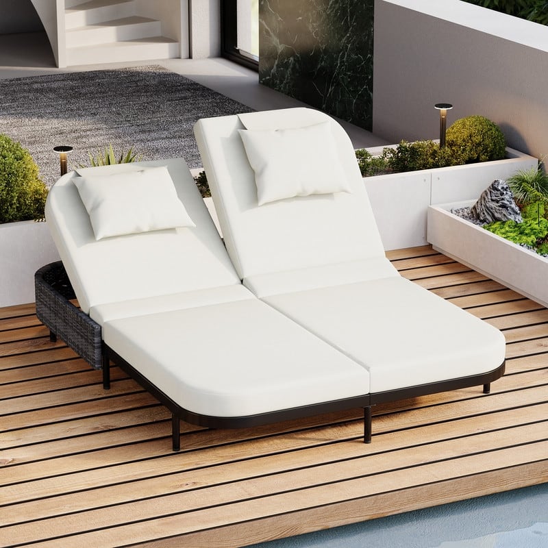 Patio Rattan Double Chaise Lounge Daybed with 5-Position Adjustable Backrest & Iron Frame - Black