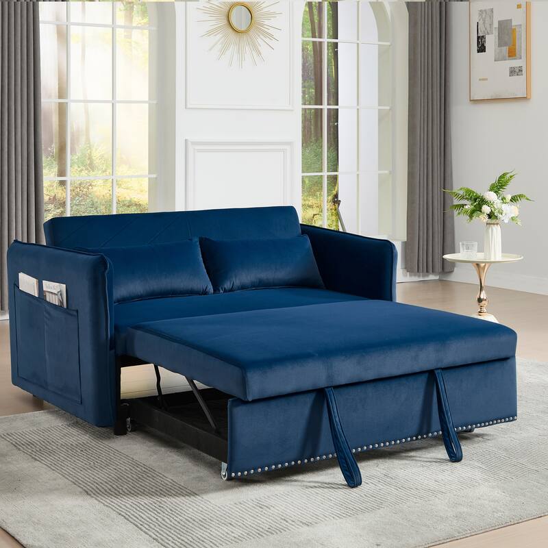 Small Convertible Sofa Bed, 55" Velvet Loveseat Couch with Pull-Out Bed, Pillows, Adjustable Backrest & Side Pockets