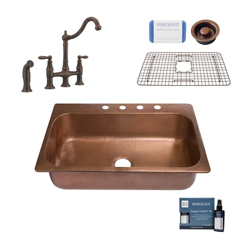 Angelico 33" Drop-in Copper Kitchen Sink with Bridge Faucet and Disposal Drain