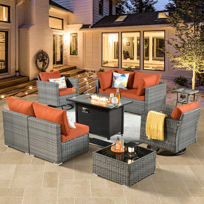HOOOWOOO 9-piece Grey Rattan Outdoor Furniture Fire Pit Set with Swivel Chairs - Red/Orange
