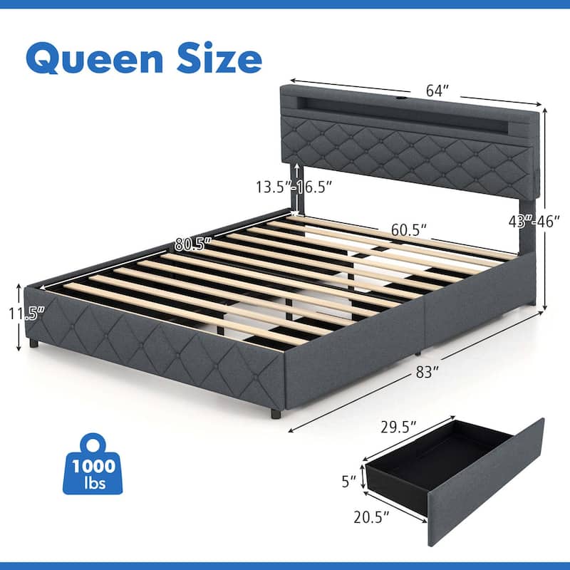 Costway Full/Queen Size Bed Frame with Led Lights & Charging Station &