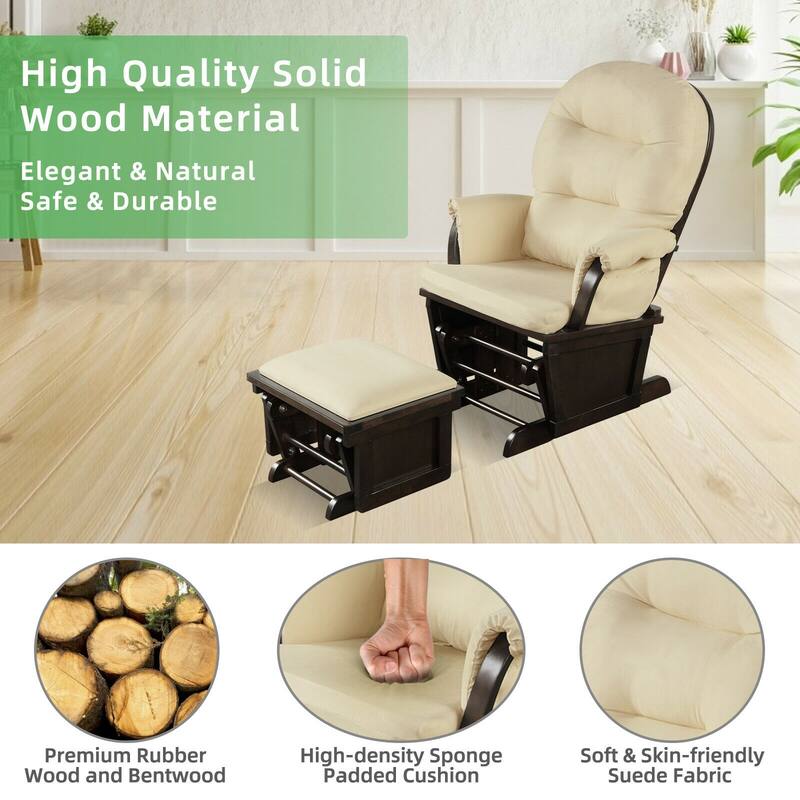 Wood Baby Glider and Ottoman Cushion Set with Padded Armrests for Nursing - 29.5" x 26" x 40"