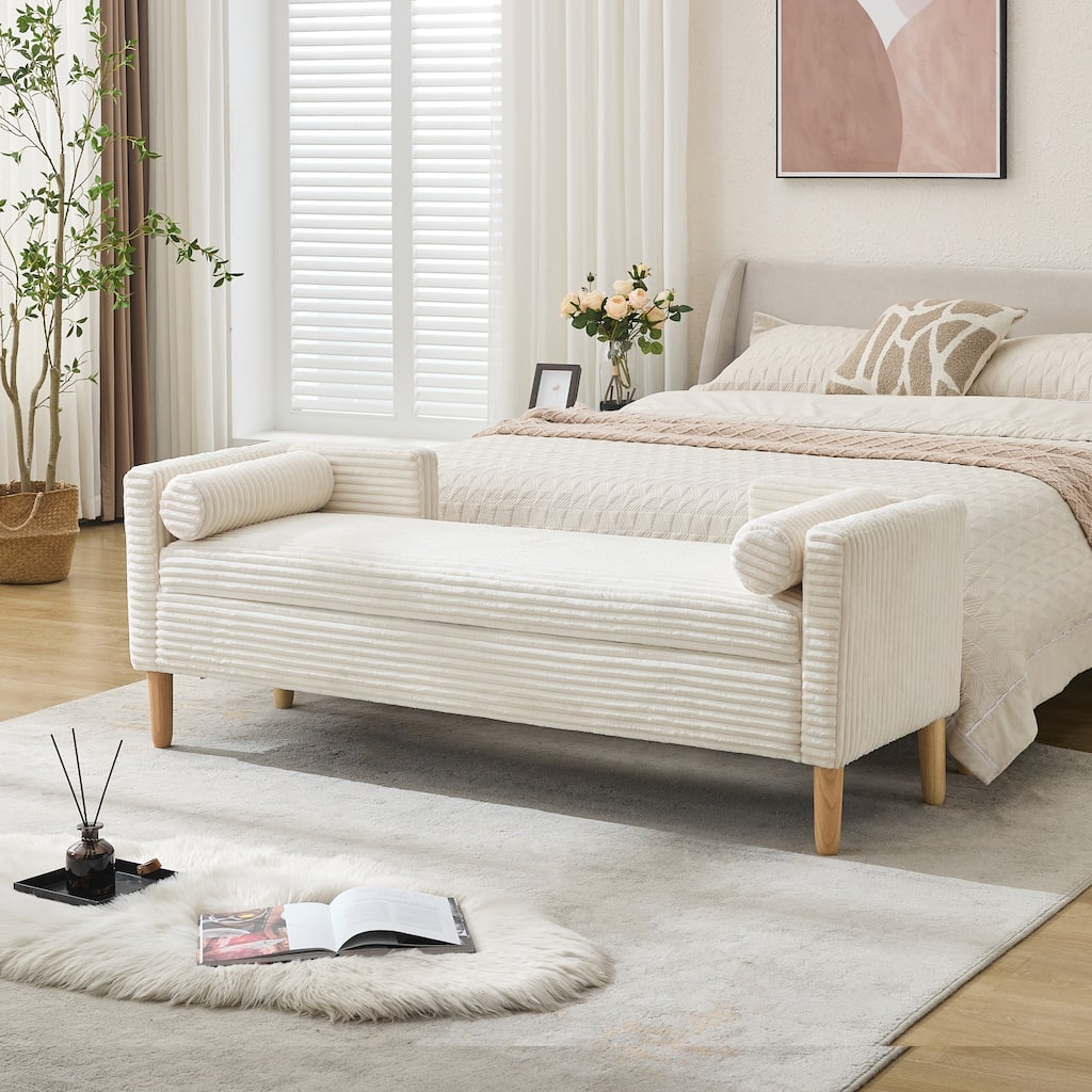 65.35" Corduroy Upholstered Storage Bench with Armrests & 2 Bolster Pillows