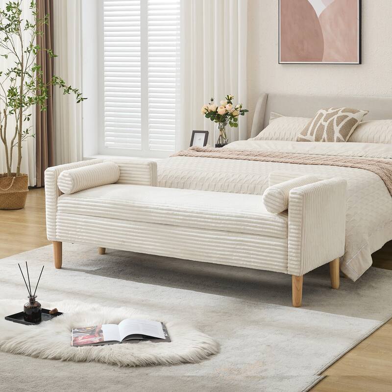 65.35" W Corduroy Storage Bench with Backrest, Armrests & 2 Bolster Pillows, Upholstered Bed End Bench for Entryway & Bedroom - Ivory