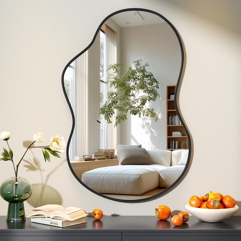 Asymmetrical Decorative Wall Mirror Irregular Aluminum Alloy Frame Bathroom Vanity Mirror - Black - 36"x24"