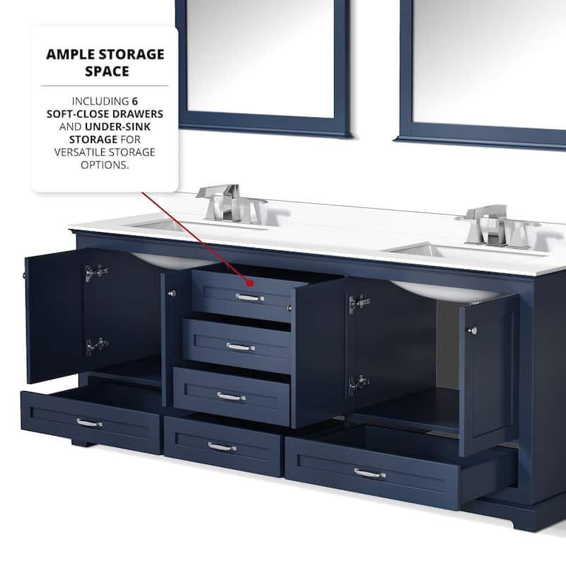Dukes 80 in. W x 22 in. D Navy Blue Double Bath Vanity, White Quartz Top, and 30 in. Mirrors