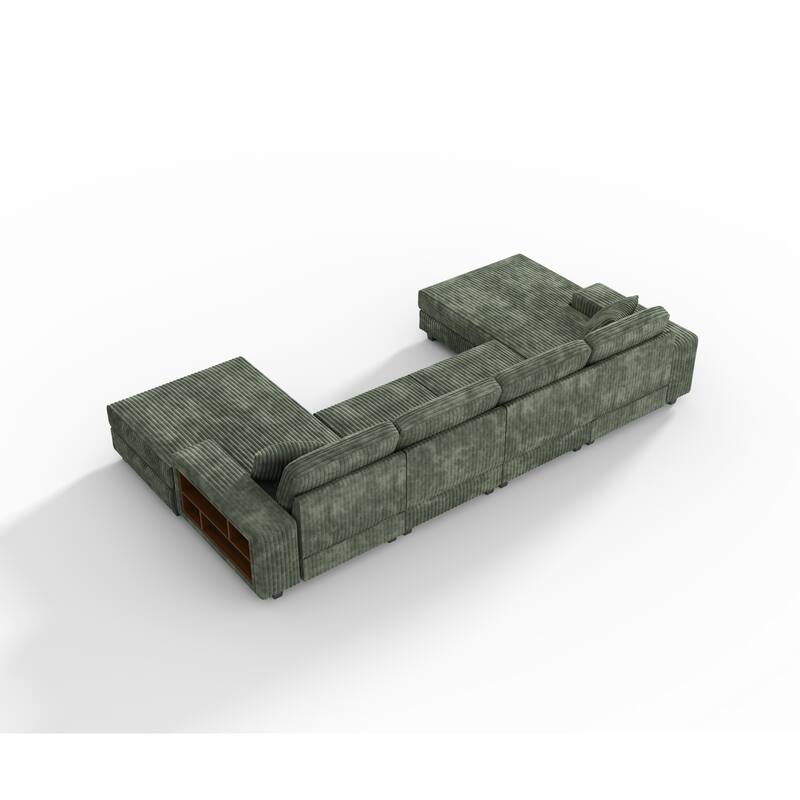 139.76" Corduroy U-Shaped Sectional Sofa with Storage Arms & Pocket Spring Cushions