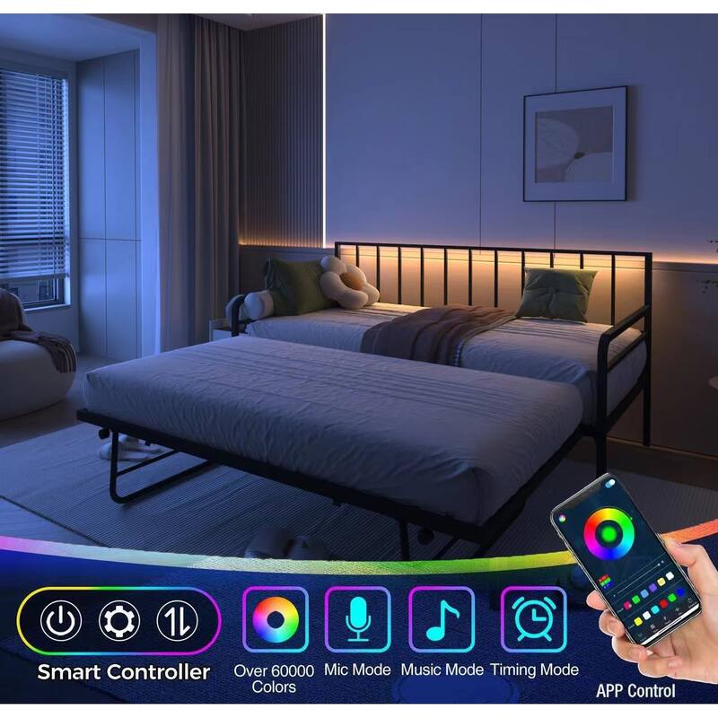Twin Daybed with RGB LED Lights & Charging Station,Height Adjustable Day Bed Frame with Trundle,Versatile Metal Sofa Bed Frame