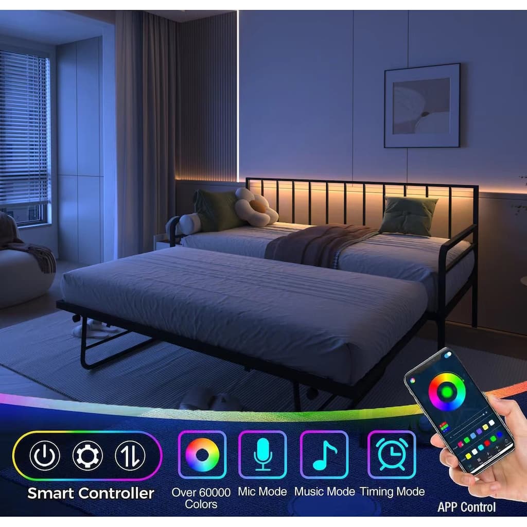 Twin Metal Daybed with Pull Out Trundle, Smart RGB LED Day Bed Frame with Charging Station, Heavy Duty Metal Sofa Bed Frame