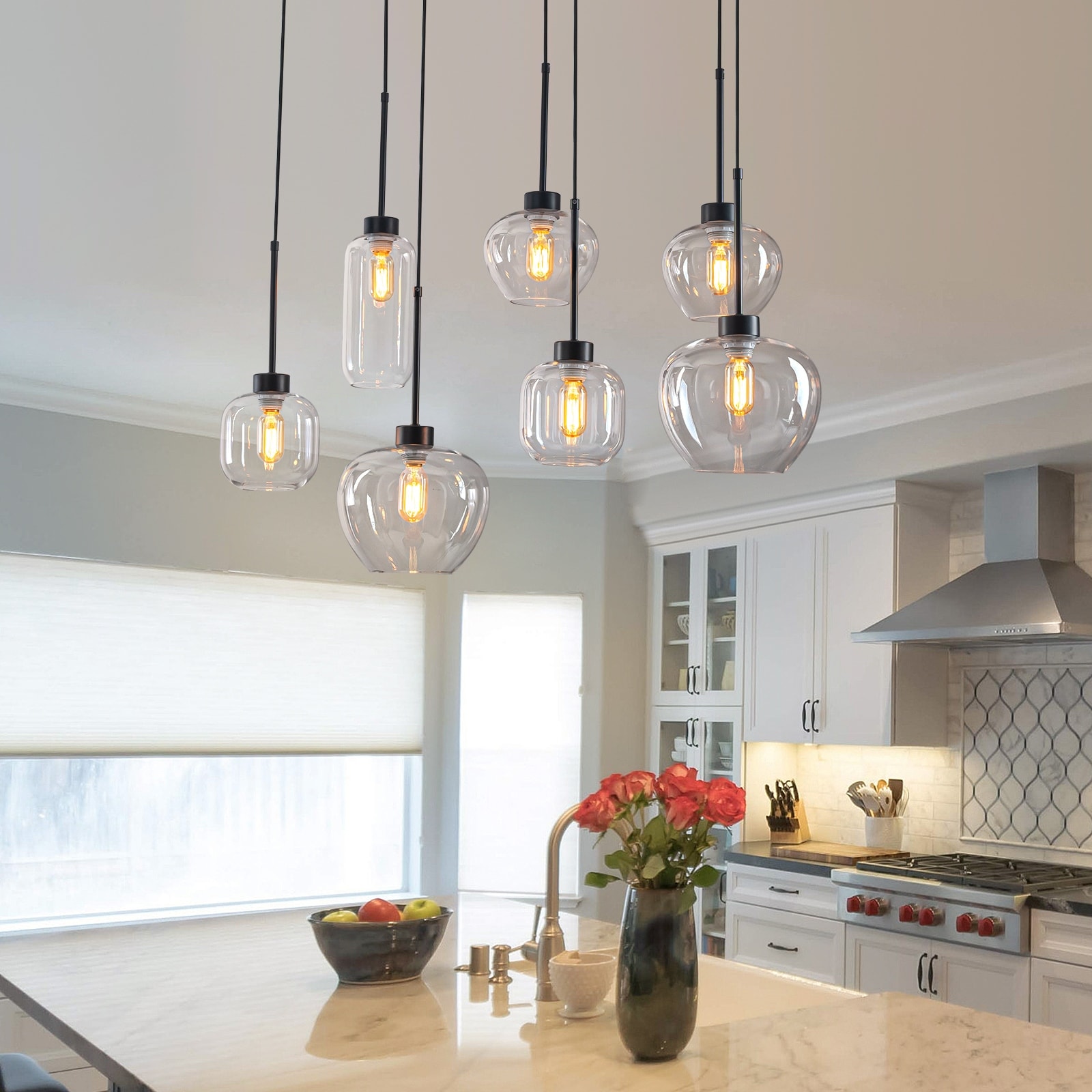 7-Light Cluster Glass Liner Kitchen Island Pendant Light for