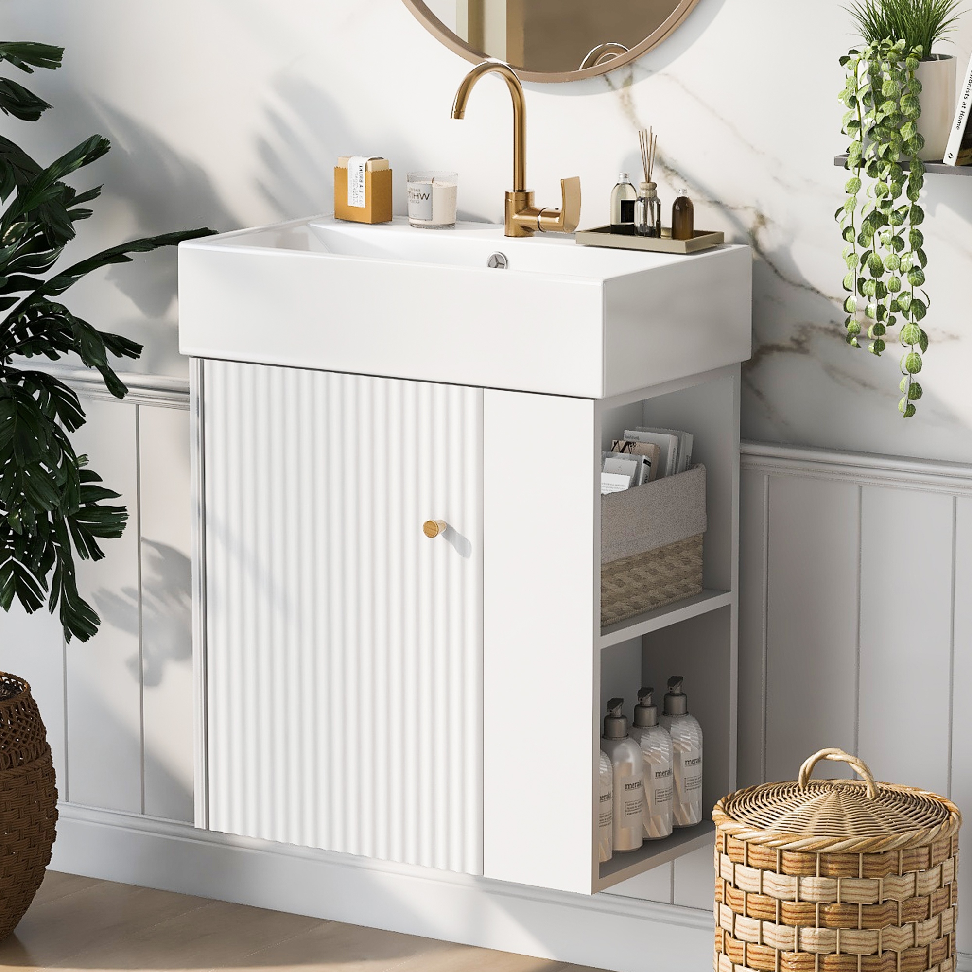 21.6 Bathroom Vanity Cabinet with Sink Combo for Small Space Modern Floating Bathroom Wall Cabinet w Right Side Storage White 21.6 inch