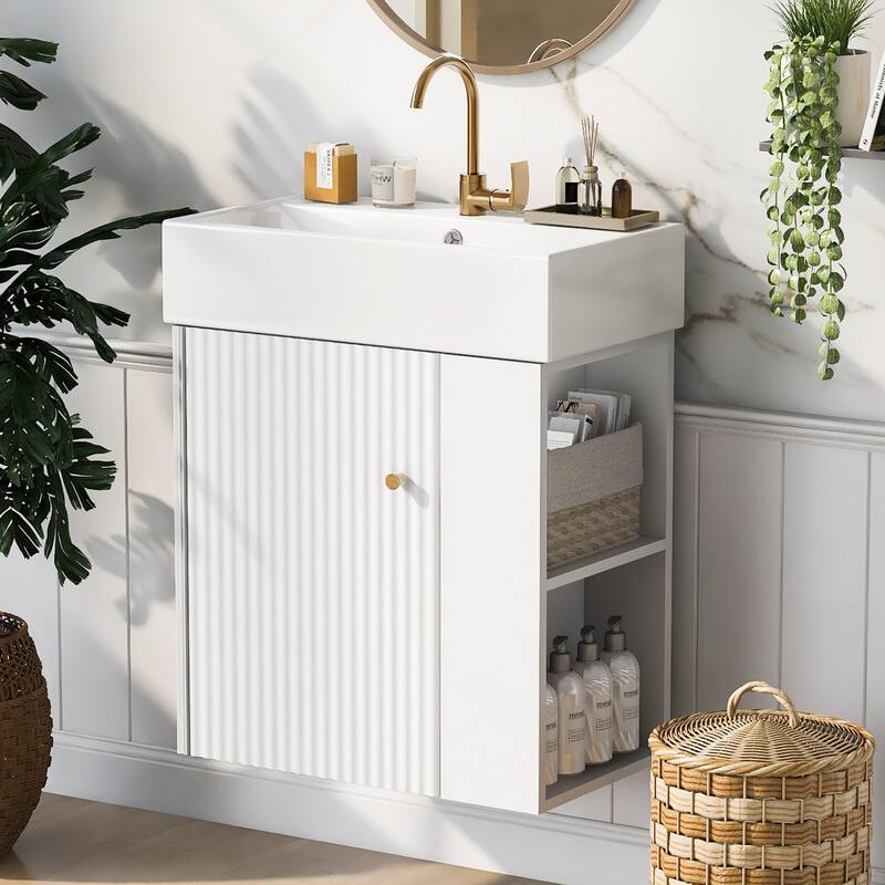 21.6" Modern Floating Bathroom Vanity with Ceramic Basin - Perfect for Small Bathrooms, Right side storage - White