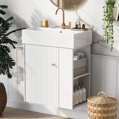 21.6" Modern Floating Bathroom Vanity with Ceramic Basin - Perfect for Small Bathrooms, Right side storage