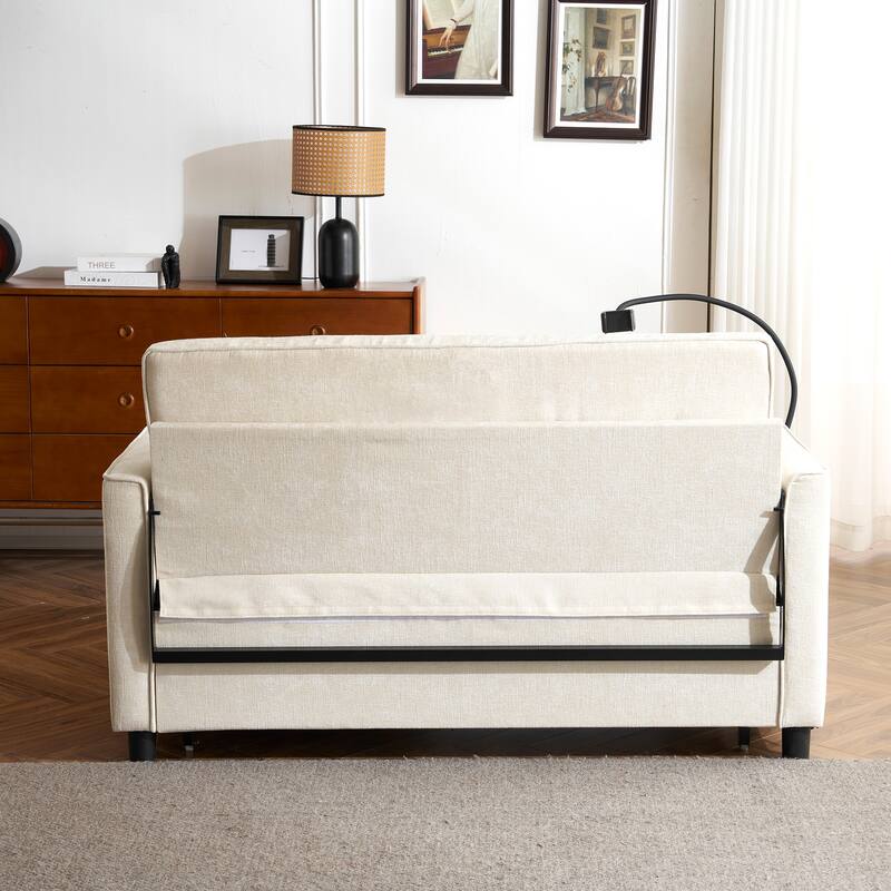 Roomfitters Loveseat Pull-Out Sofa Bed with Reversible Backrest Cushion, Side Pockets, USB Ports, and Phone Holder