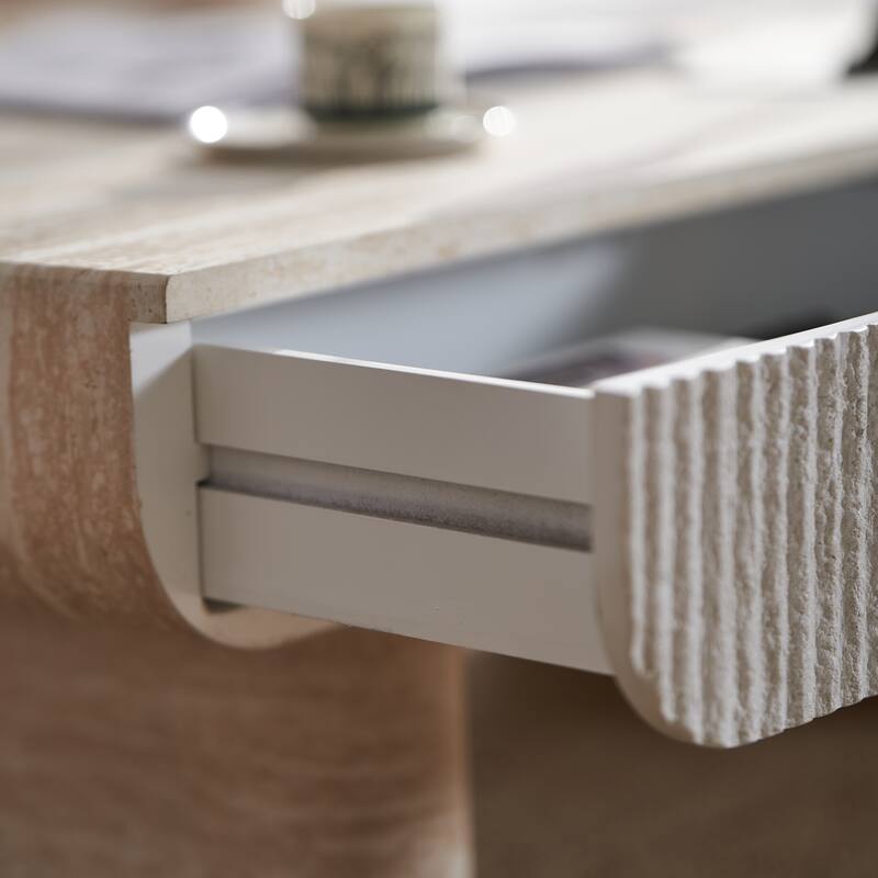 Coffee Table with Faux Marble Tabletop, Mid Century Modern Coffee Table with Fluted Drawer, Coffee Table for Living Room