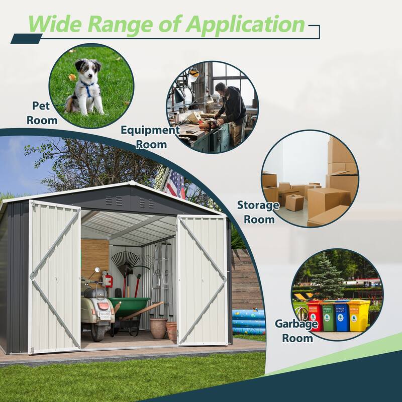 10x10 FT Outdoor Storage Shed, Utility Metal Tool Storage with Lockable Doors and Updated Frame Structure, Large Metal Shed