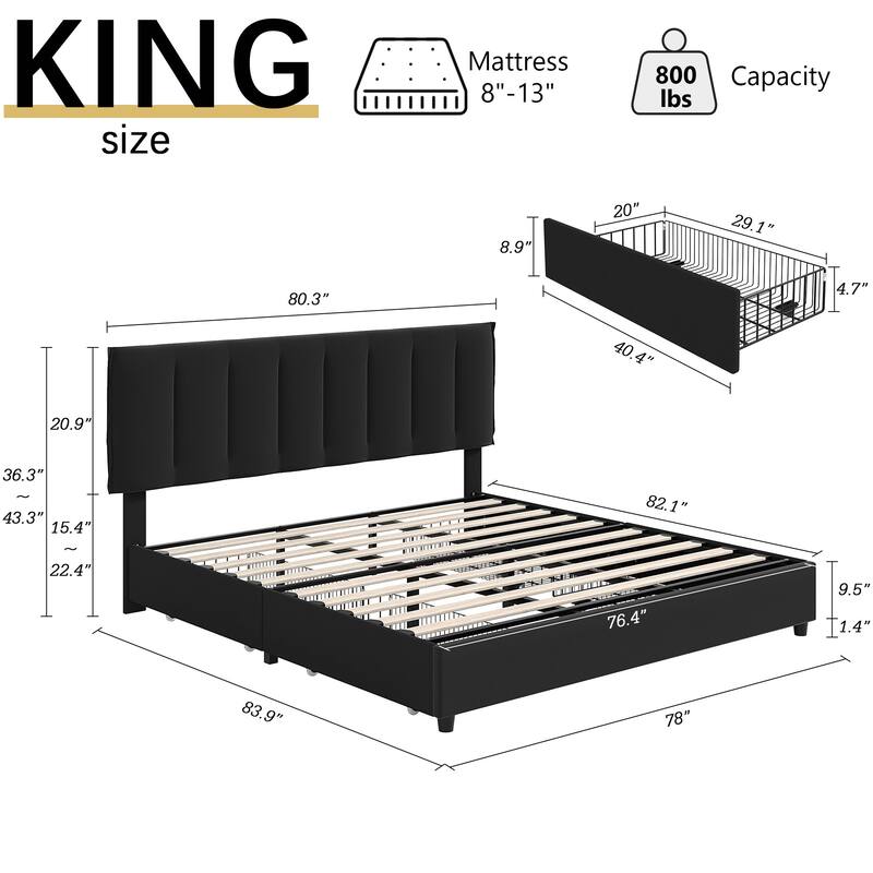 Black Bed Frame with 4 Storage Drawers, Upholstered Platform Bed Frame with Adjustable Headboard