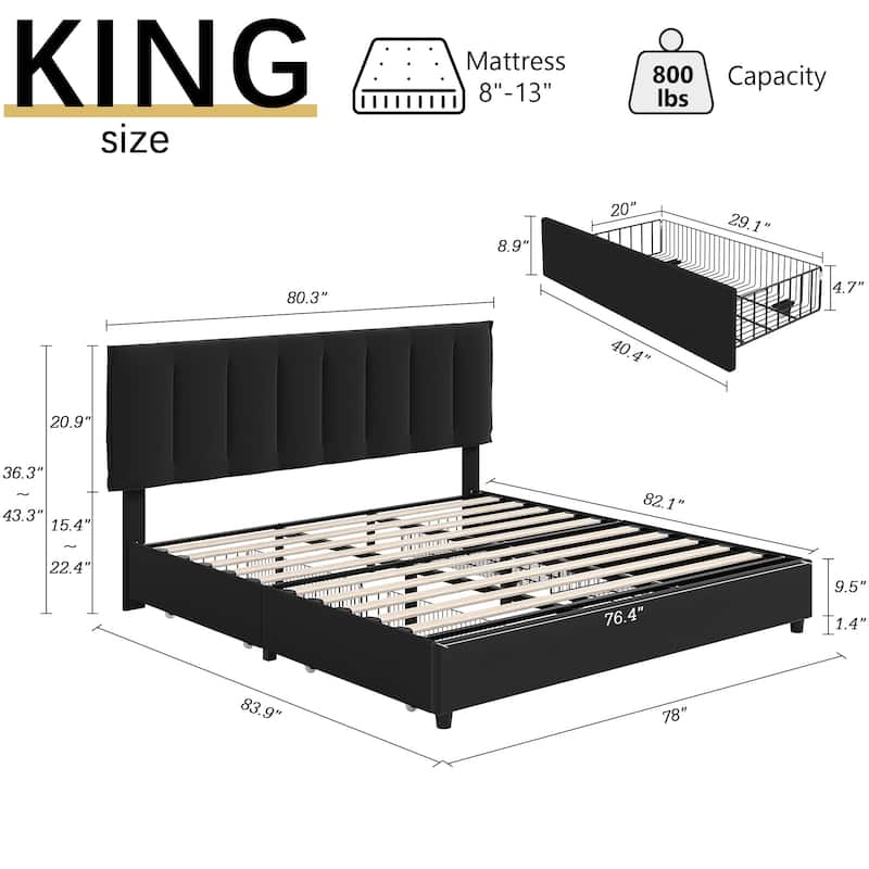 Javlergo Bed Frame with Storage Drawers, Upholstered Platform Bed Frame with Adjustable Headboard