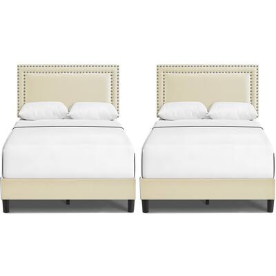 Beige Twin Bed Nailhead Upholstered Platform Bed Frame with Adjustable Headboard