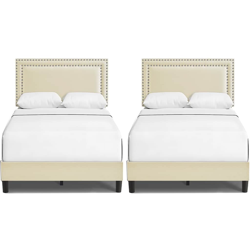 Beige Twin Bed Nailhead Upholstered Platform Bed Frame with Adjustable Headboard