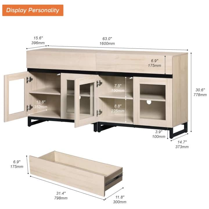 WAMPAT Multifunctional Sideboard Buffet Cabinets with 6 Glass Doors and Drawers, Modern Sideboard, Coffee Bar Storage Cabinet
