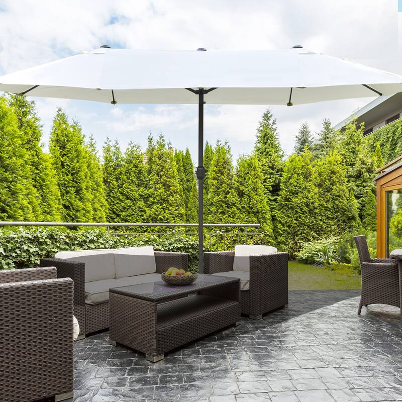Outsunny Patio Umbrella 15' Steel Rectangular Outdoor Double Sided Market with base, UV Sun Protection & Easy Crank - Beige