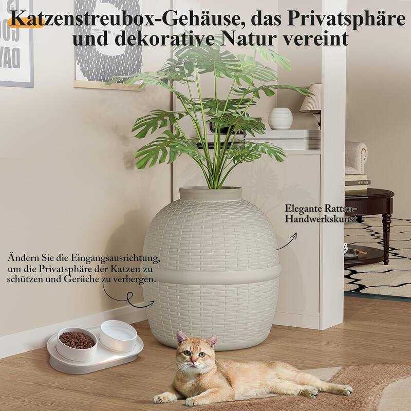 Hidden Litter Box with Faux Plant & Rattan Pattern, Large Cat Enclosure