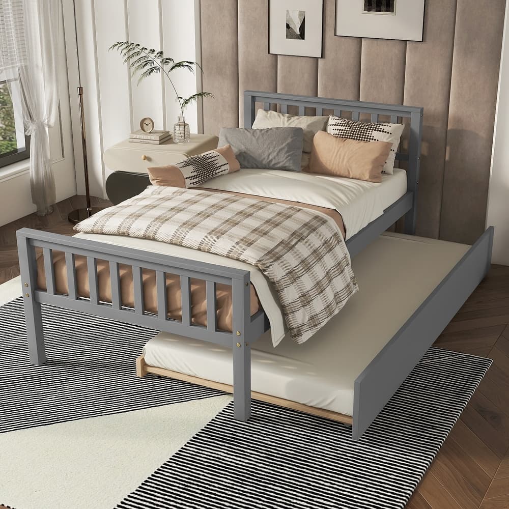 Twin Size Bed with Pull-out Trundle Bed, Platform Bed with Fence Headboard Footboard, No Box Spring Needed, Wood Slats Support