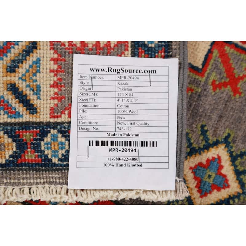 Gray Kazak Foyer Rug Hand-Knotted Wool Carpet - 2'9"x 4'1"