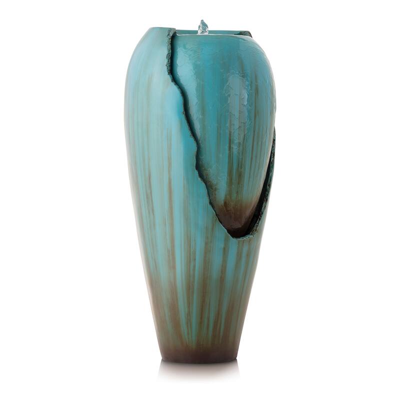 Alpine Corporation 33" Tall Turquoise Outdoor Antique Jar Water Fountain with LED Lights