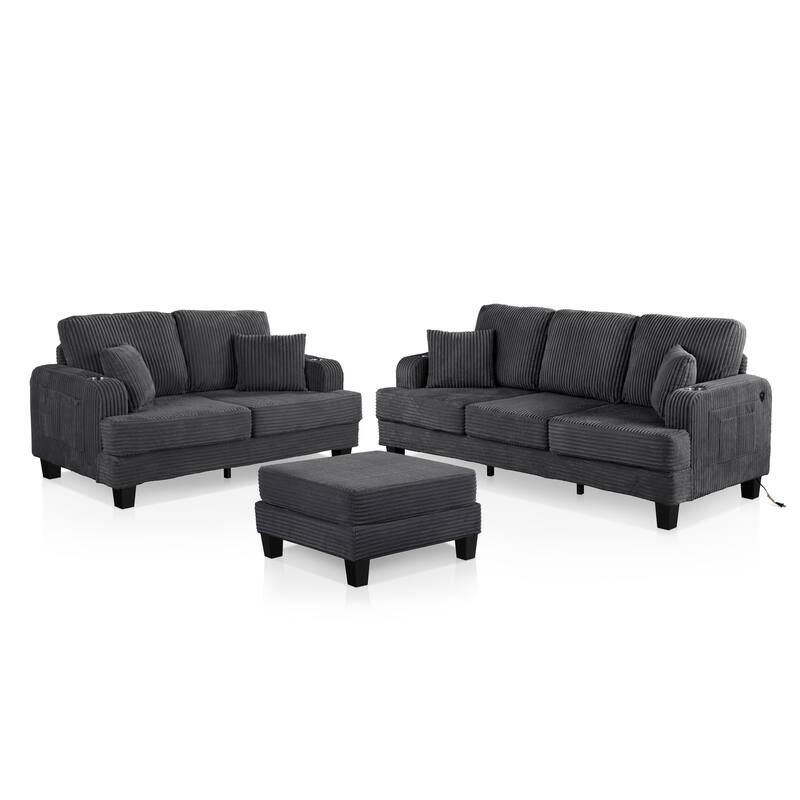 Furniture of America Xenia Modern 3-Piece Chenille Sofa and Ottoman Set