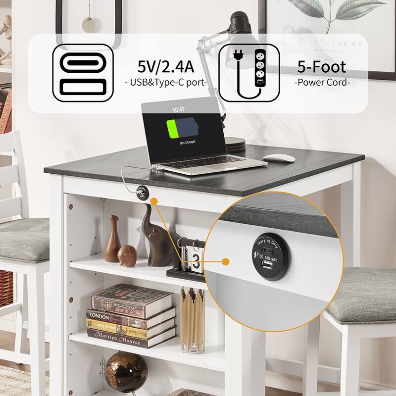 36" Modern Dining Table Set, 2-Seater Charging Station 3-Tier Storage