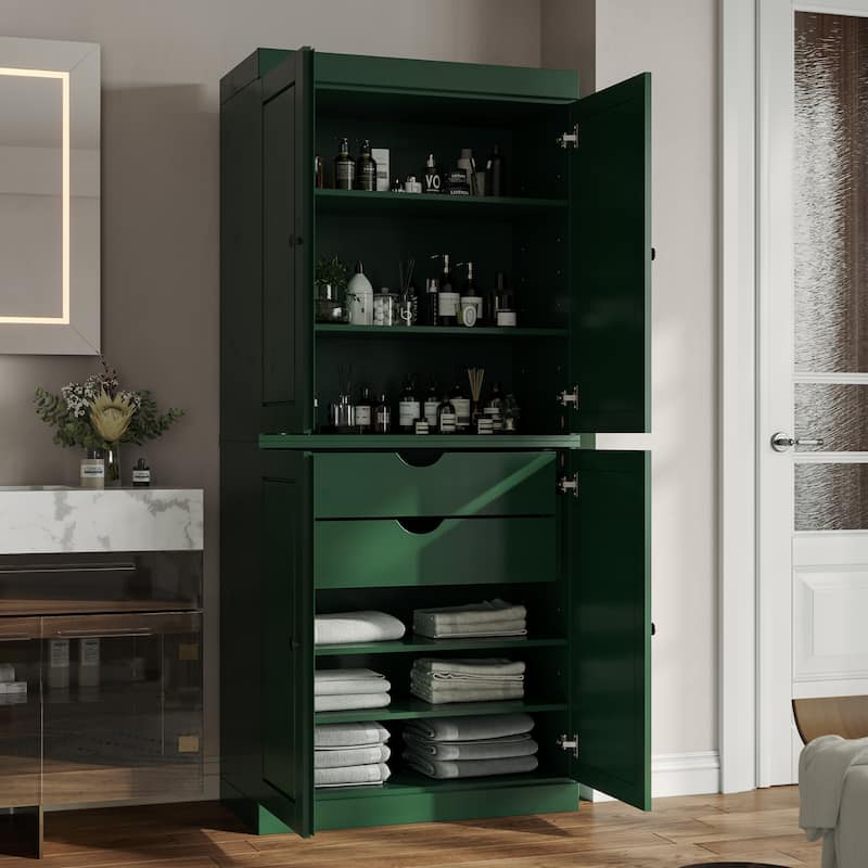 Palace Imports 100% Solid Wood Bathroom Storage Cabinet, Raised Panel Doors, 2 Drawers, Adjustable Shelves, 32" Wide, 71.5" Tall - Green