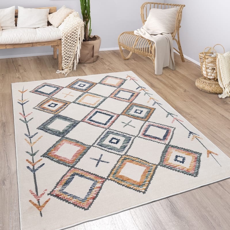 Ethnic Design Area Rug in Beige Cream with colorful Boho Pattern - 7'10" x 11'2"