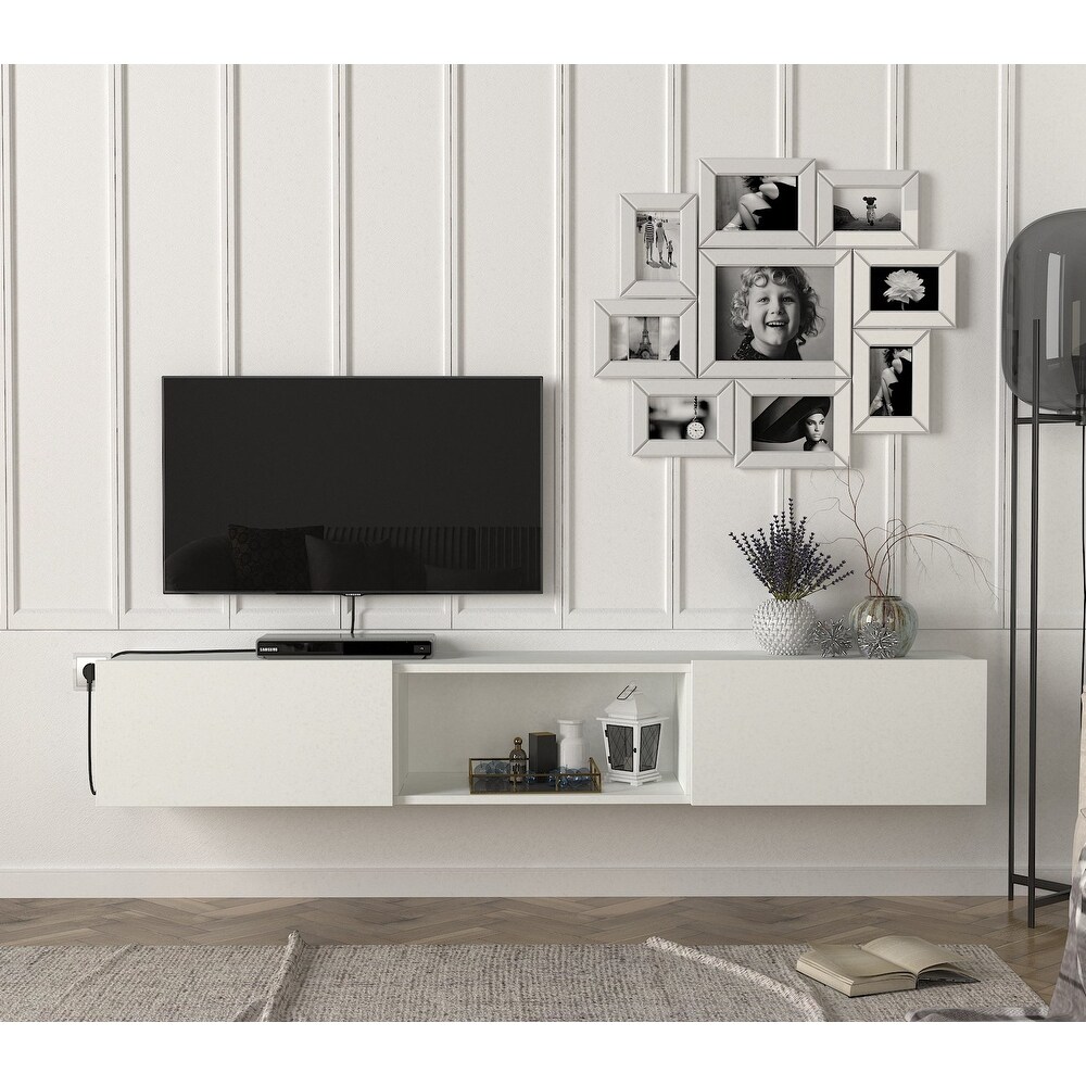 Modern White Gloss Oak finish TV Cabinet Stand Unit 2 Drawer Table 156cm Holten 