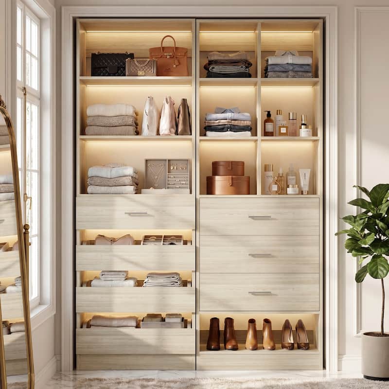 Set of 2 Closet System with 7 Wooden Drawers ＆ 4 Hanging Rods, Heavy Duty Walk-in Closet Organizer System with Shelves