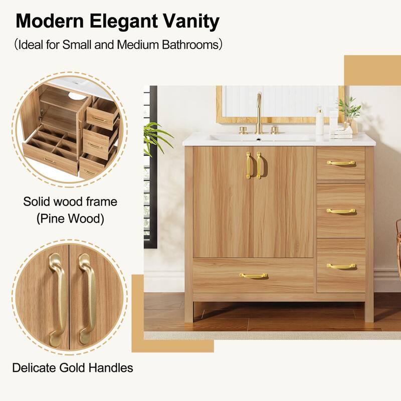 Roomfitters 36" Bathroom Vanity with Ceramic Sink, Solid Wood Frame, 2 Soft-Close Doors, 4 Drawers and Adjustable Shelf, Wood