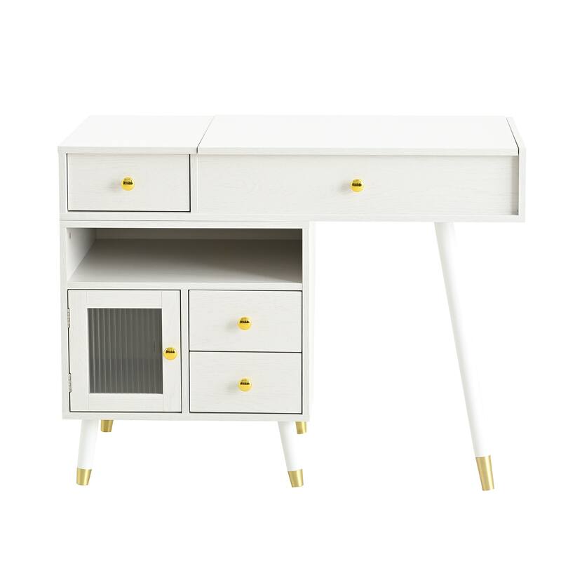3-in-1 Vanity Desk with Lighted Flip-Top Mirror & Adjustable Cabinet, Makeup Dressing Table with Stool