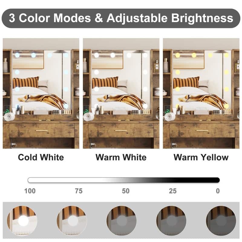 55.7" Dressing Table with LED Lights, Storage Shelves & Stool, Drawers