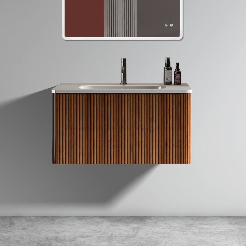 24 Inch Striped Walnut Bathroom Vanity with White Ceramic Sink,Wall Mounted Floating Bathroom Vanity for Modern Bathroom - White+Walnut1