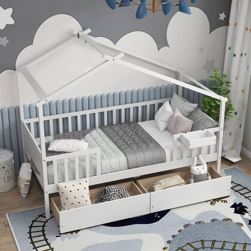 Gymax Twin House Bed w/ 2 Storage Drawers Roof & Fence Rails Headboard