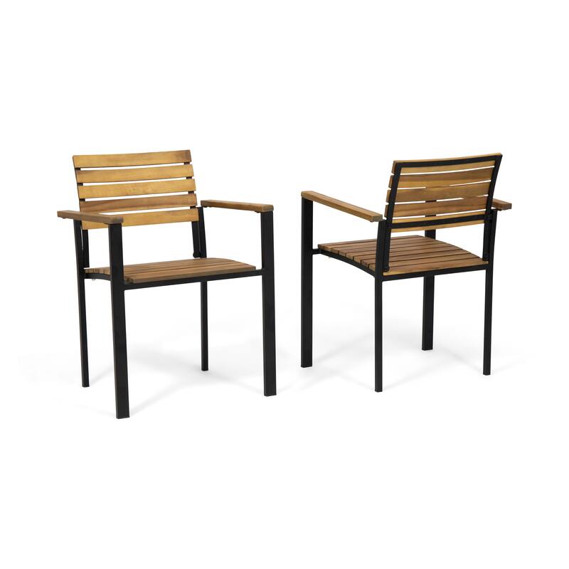 Roomfitters Outdoor Patio Dining Chairs, Wood and Metal Armchairs with Slatted Back for Garden Deck, Teak+ Black
