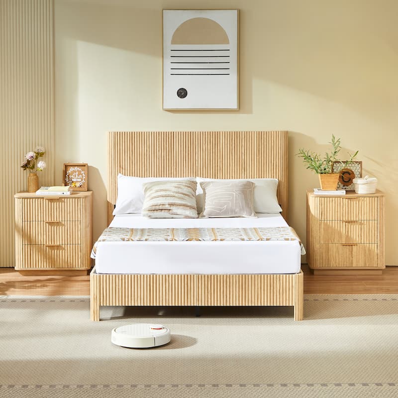 Low Profile Platform Bed, Wooden Corrugated Curved Lines Headboard Wingback Bed, Metal Slat Support Bed Frame